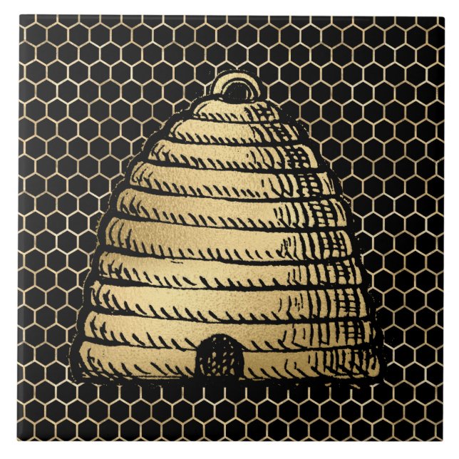 Azulejo Colmena de abeja rustica dorada panal negro (Frente)