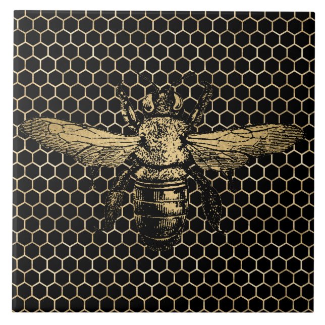 Azulejo Colmena de abeja rústica dorada panal negro (Frente)