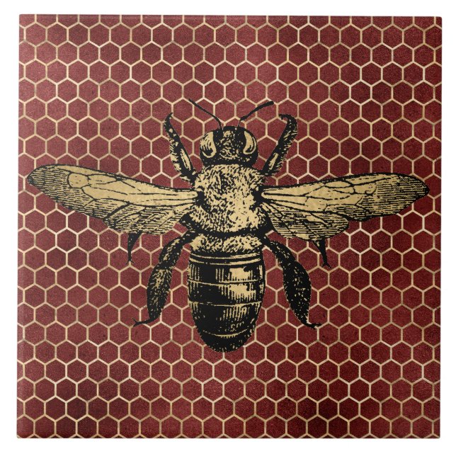 Azulejo Colmena de abeja rústica dorada panal roja (Frente)