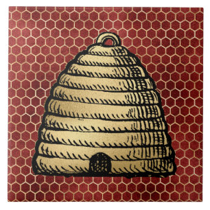 Azulejo Colmena de abeja rustica dorada panal rojo