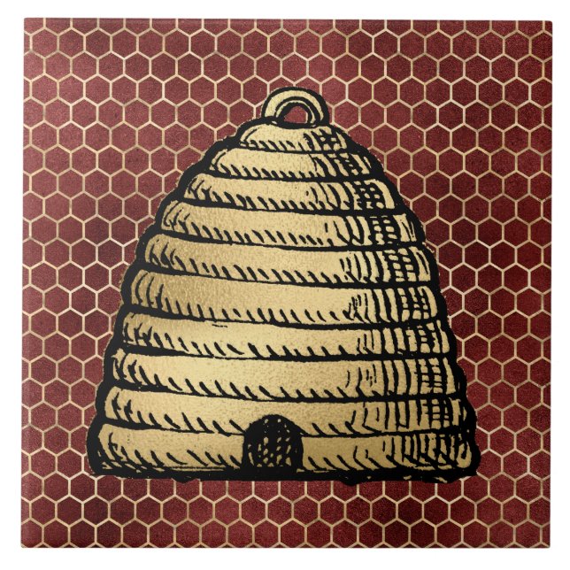 Azulejo Colmena de abeja rustica dorada panal rojo (Frente)