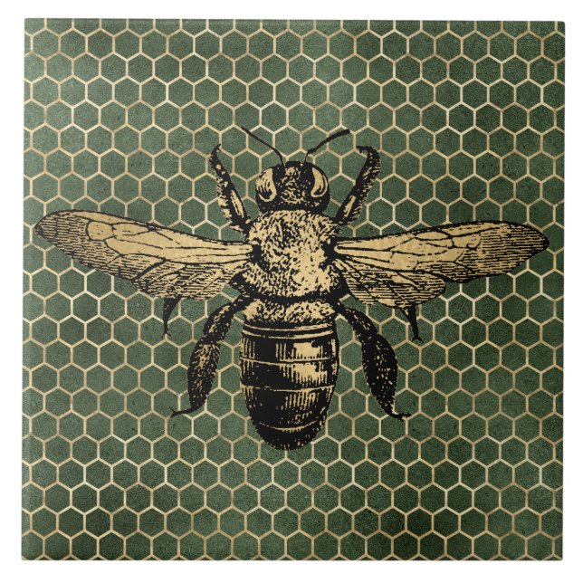 Azulejo Colmena de abeja rústica dorada panal verde (Frente)