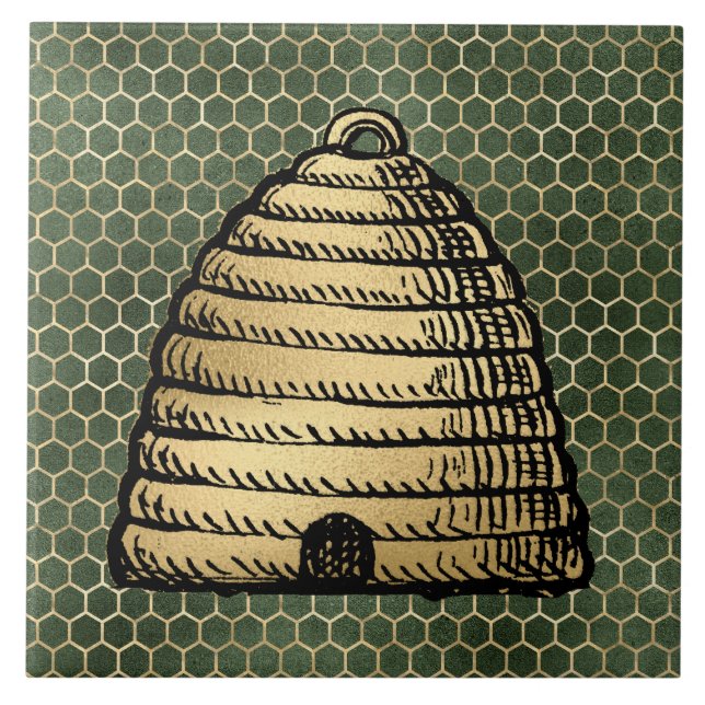 Azulejo Colmena de abeja rustica dorada panal verde (Frente)