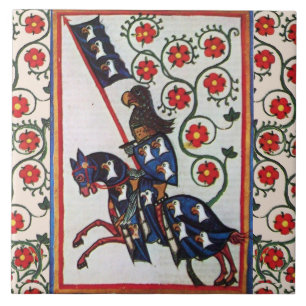 AZULEJO COLOR AZUL CON ROSAS ROJAS MINIATURA MEDIEVAL