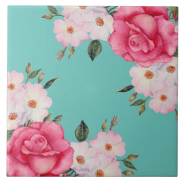 Azulejo Color de agua vibrante rosa Roses blancos turquesa
