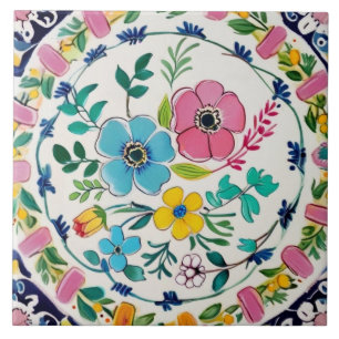 Azulejo Colores brillantes florales españoles rosa y azul
