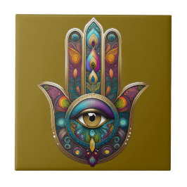 Azulejo Colores de pavo real Hamsa con tercer ojo de oro
