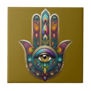 Azulejo Colores de pavo real Hamsa con tercer ojo de oro