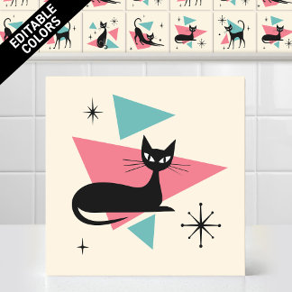 Azulejo Colores editables de gato durmiendo retro atómico
