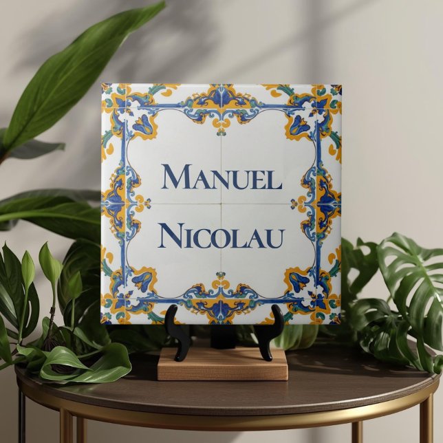 Azulejo Colorful Custom Name Plate Plaque Sign  (Azulejo Mediterranean Blue & White Custom House Name Or Family Name Plaque Sign Square Ceramic Tile)