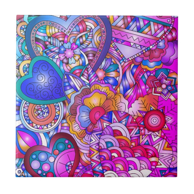 Azulejo Colorful Hearts and Flowers Abstract Art (Frente)