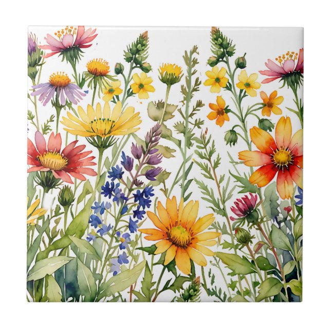 Azulejo Colorful wildflowers watercolor painting (Frente)