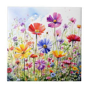 Azulejo Colorida flor silvestre Meadow Watercolor