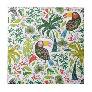 Azulejo Coloridas Aves Y Flores Exóticas