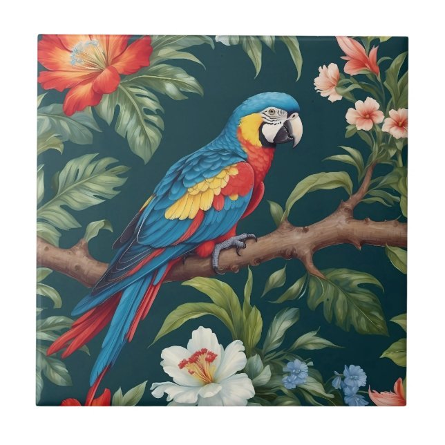 Azulejo Coloridas hojas de loro tropical de selva (Frente)