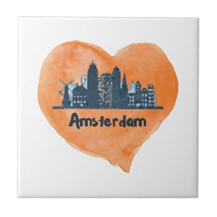 Azulejo Colorido Amsterdam City Skyline Watercolor Heart P
