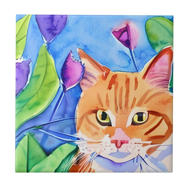 Azulejo Colorido arte acuático | Gato Naranja y flores (Frente)