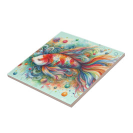 Azulejo Colorido Koi Fish Whimsical Watercolor Naranja Ver