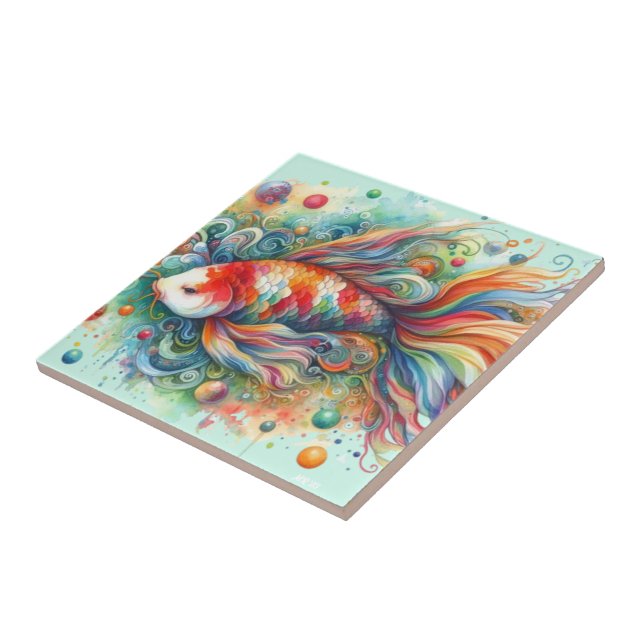 Azulejo Colorido Koi Fish Whimsical Watercolor Naranja Ver (Lado)