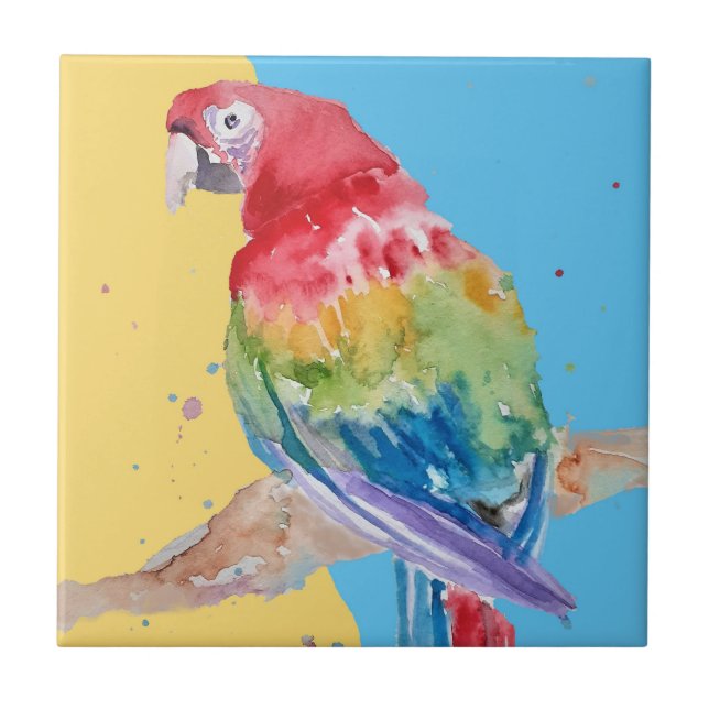 Azulejo Colorido Loro Macaw Watercolor Cerámica Tile (Frente)