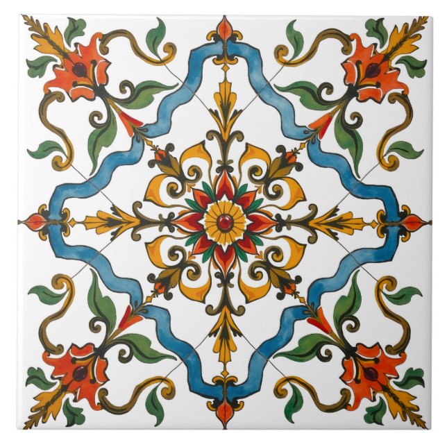 Azulejo Colorido, mediterráneo, mosaico, rojo, verde, azul (Frente)