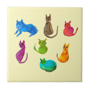 Azulejo Coloridos gatos locos con acuarela