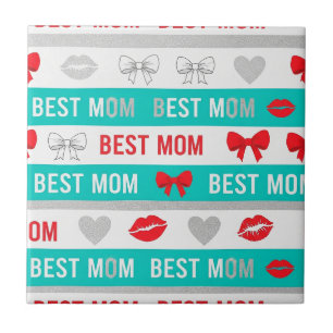 Azulejo Cómic Retro Mejor Mamá Corazones Labios Lazo