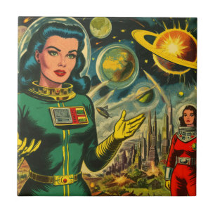 Azulejo Cómics de Mujer de Ciencia Ficción Vintage