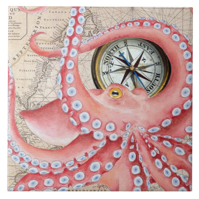 Azulejo Compass de mapa de cosecha de pulpo rojo (Frente)