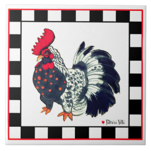 Azulejo con arte de gallo cuadros negros y blancos