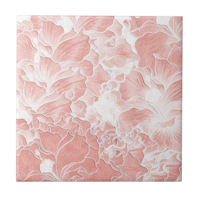 Azulejo con patrón floral rosa, melocotón y blanco (Frente)