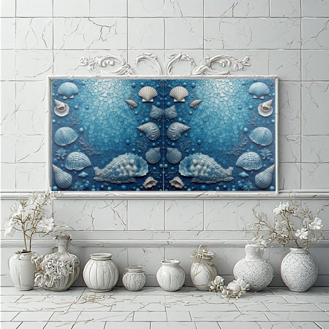 Azulejo Concha de mar submarina costera Pez Océano Burbuja (Coastal Underwater Seashell Fish Ocean Bubble Blue Ceramic Tile)