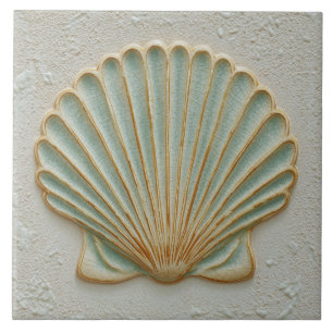 Azulejo Concha de Pecten de Oro Suave y Aqua Costero