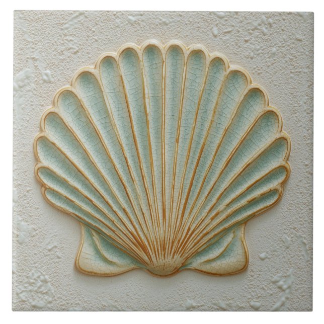 Azulejo Concha de Pecten de Oro Suave y Aqua Costero (Frente)
