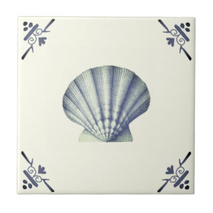 Azulejo Concha moderna de mar azul vintage en marfil