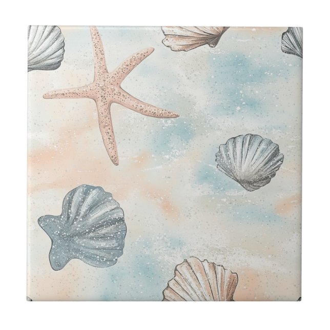 Azulejo Conchas Costeras Aqua y Estrella de Mar Brillante  (Frente)