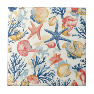 Azulejo Conchas de océano pastel con ramitas de coral deli