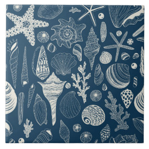 Azulejo Conchas marinas sobre azul oscuro