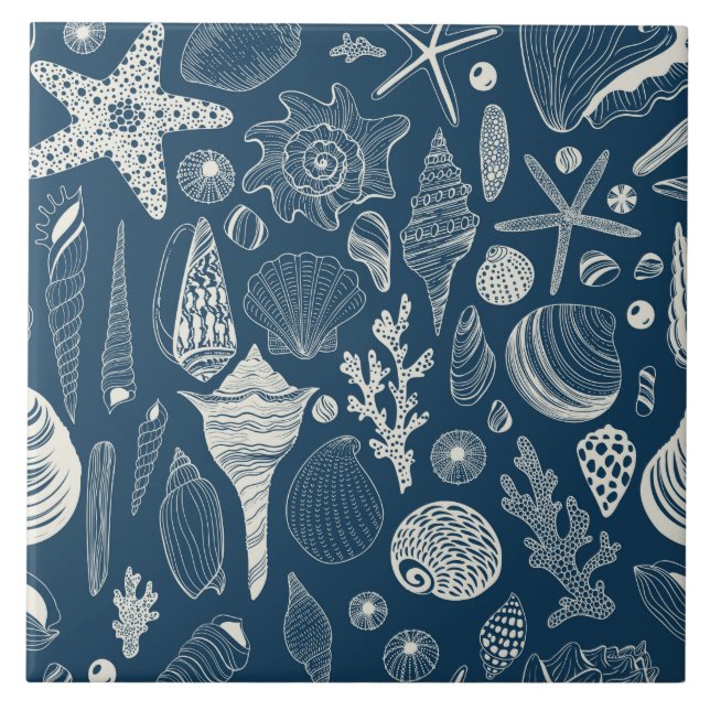Azulejo Conchas marinas sobre azul oscuro (Frente)