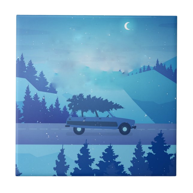 Azulejo Conducción por la carretera con un árbol de navida (Frente)