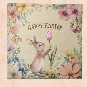 Azulejo Conejito de Pascua con Tulipán Rosa Floral Vintage