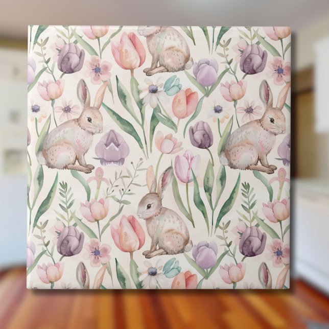 Azulejo Conejito Gris Adorable con Tulipanes Coloridos (Subido por el creador)