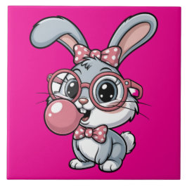 Azulejo Conejito lindo con gafas soplando chicle