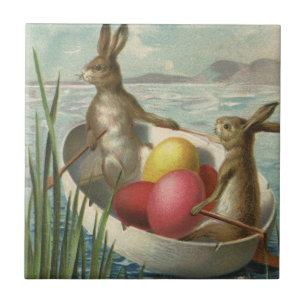 Azulejo Conejitos de Pascua antiguos en un barco con huevo