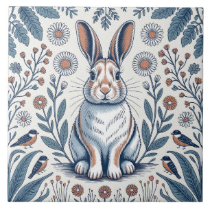 Azulejo Conejo Azul Caprichoso Diseño Floral