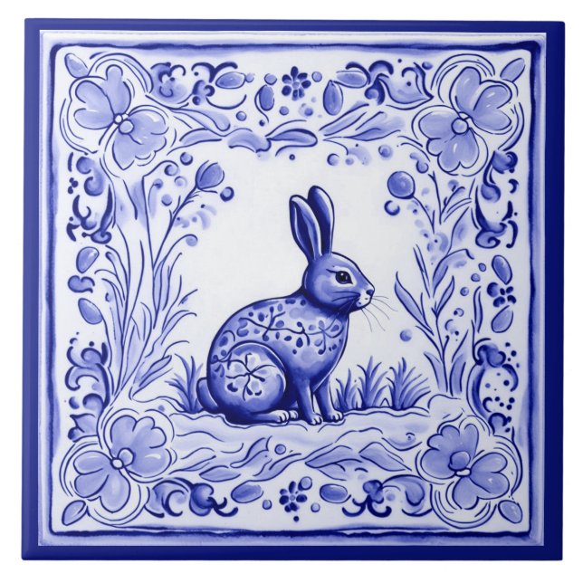 Azulejo Conejo azul y blanco conejo arte folclórico medite (Frente)