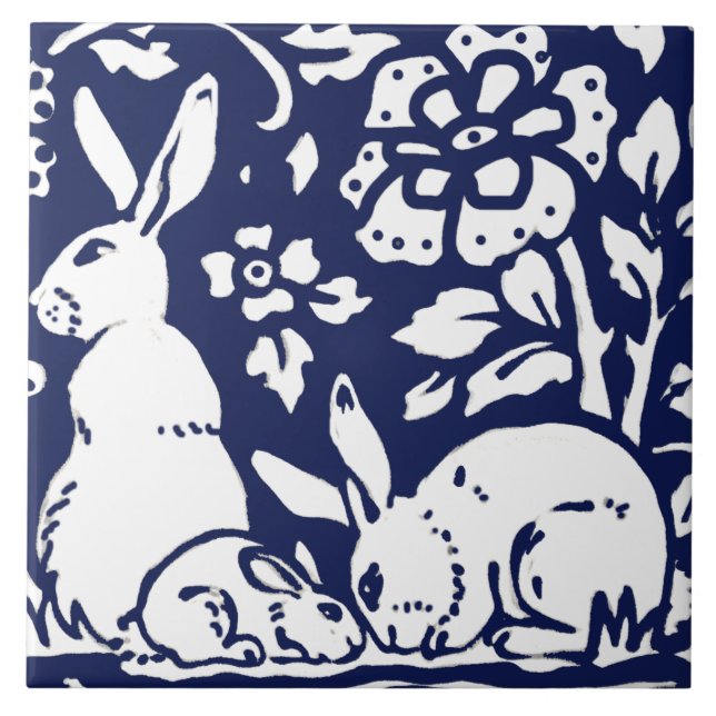 Azulejo Conejo blanco azul marino Hare Woodland Animal Tri (Frente)