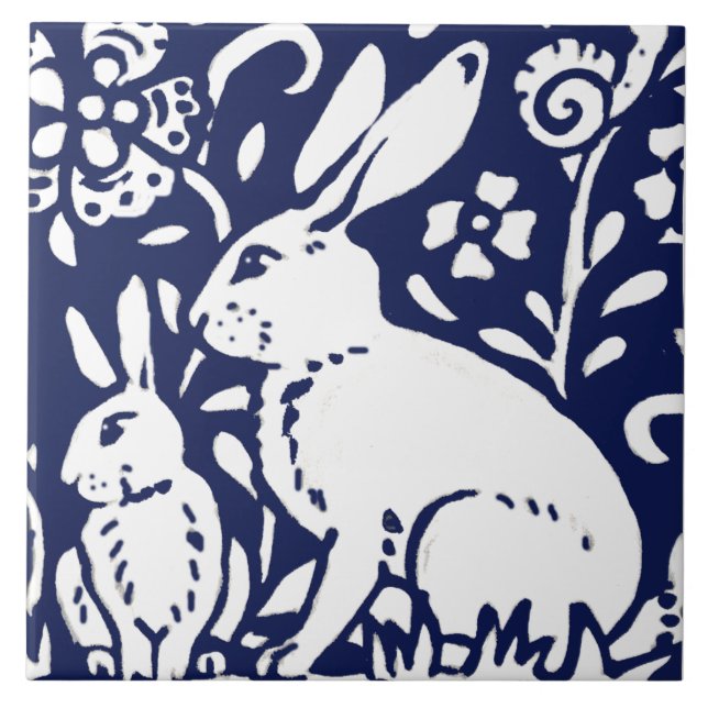 Azulejo Conejo blanco azul marino Hare Woodland Animal Tri (Frente)