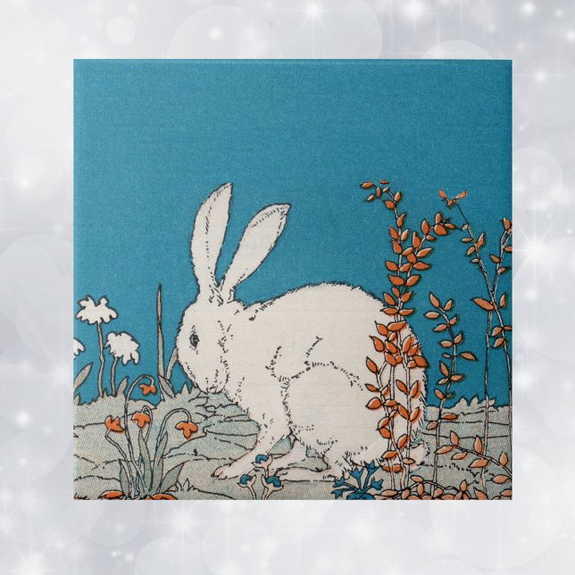 Azulejo Conejo Blanco Vintage Elegante (Fluffy white bunny sitiing in orange and white flowers on blue decorative ceramic tile.)