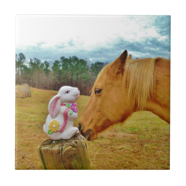Azulejo Conejo blanco y caballo amarillo (Frente)